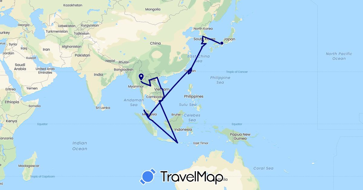 TravelMap itinerary: driving in Indonesia, Japan, South Korea, Laos, Malaysia, Singapore, Thailand, Taiwan, Vietnam (Asia)